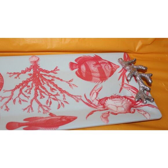 Mariposa Melamine Coral Handle Pink Fish Starfish Crab Nautical Serving Platter - Picture 7 of 11